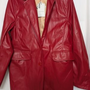 ABYOVRT Red Faux Leather Blazer Jacket Women’s M – Chic Statement Longline Coat